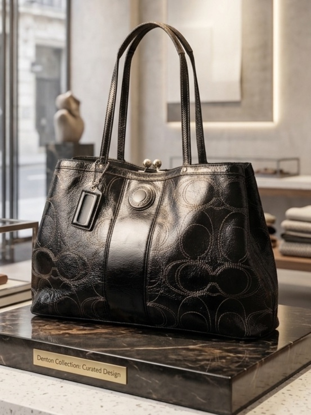 Coach Signature C Stitched Patent Leather Framed Carryall Shoulder Bag.